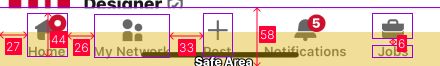 Bottom bar with equal 88 px columns, 8 px icon–label gap, 34 px safe area.